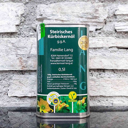 Kürbisöl 0,5 Liter Dose – frisch gepresstes Kürbiskernöl aus Österreich