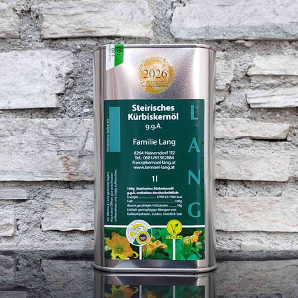 Kürbiskernöl 1 Liter Dose – steirisches Kürbisöl Familie Lang