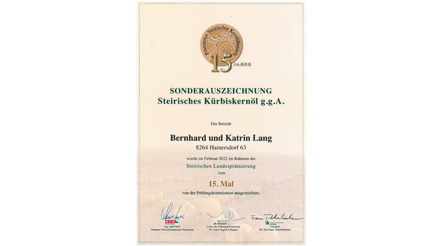 Sonderauszeichnung für 15-fache Landesprämierung – Steirisches Kürbiskernöl g.g.A.