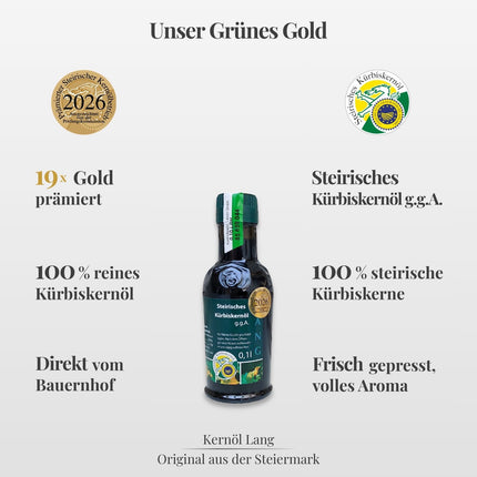 Steirisches Kürbiskernöl 0,1L von Kernöl Lang online kaufen, original aus Österreich, 100 % steirische Kürbiskerne, nussiger Geschmack, prämiert