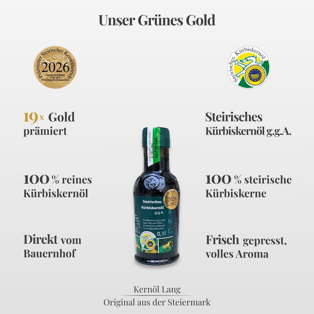 Steirisches Kürbiskernöl 0,1L von Kernöl Lang online kaufen, original aus Österreich, 100 % steirische Kürbiskerne, nussiger Geschmack, prämiert