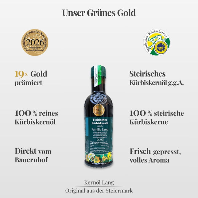 Steirisches Kürbiskernöl 0,25L von Kernöl Lang online kaufen, original aus Österreich, 100 % steirische Kürbiskerne, nussiger Geschmack, prämiert
