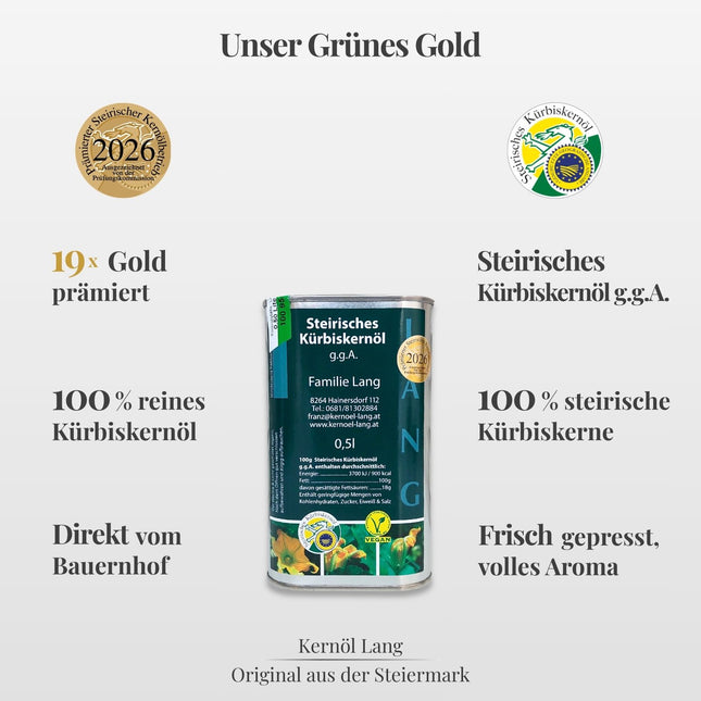 Steirisches Kürbiskernöl 0,5L von Kernöl Lang online kaufen, original aus Österreich, 100 % steirische Kürbiskerne, nussiger Geschmack, prämiert