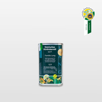 0,5L Steirisches Kürbiskernöl g.g.A. von Kernöl Lang, 100 % reines Kürbiskernöl aus 100 % steirischen Kürbiskernen, hergestellt in der Steiermark
