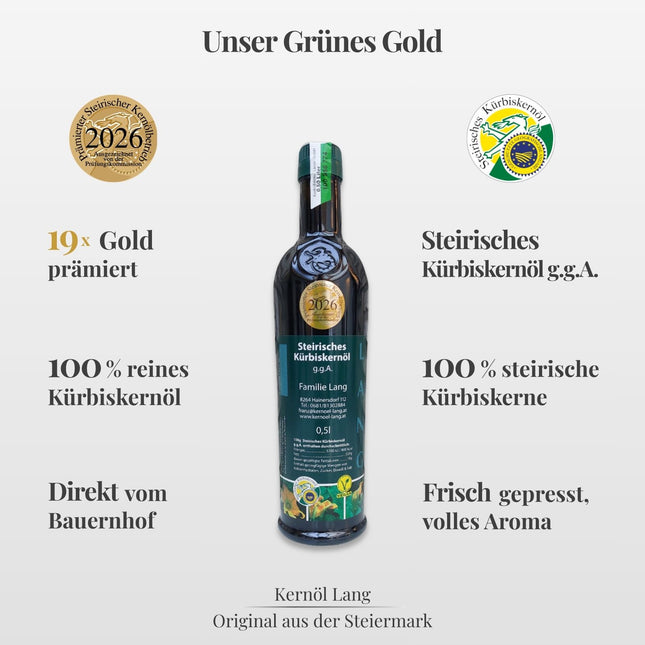 Steirisches Kürbiskernöl 0,5L von Kernöl Lang online kaufen, original aus Österreich, 100 % steirische Kürbiskerne, nussiger Geschmack, prämiert