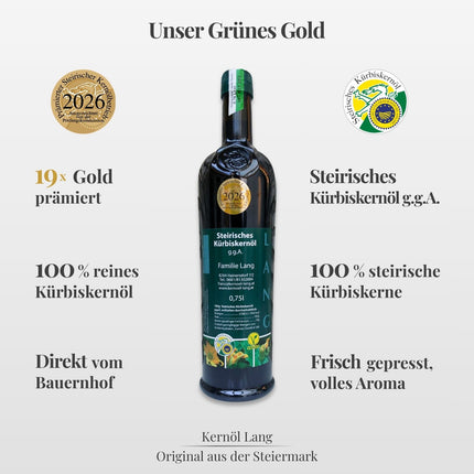 Steirisches Kürbiskernöl 0,75L von Kernöl Lang online kaufen, original aus Österreich, 100 % steirische Kürbiskerne, nussiger Geschmack, prämiert