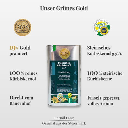 Steirisches Kürbiskernöl 1L von Kernöl Lang online kaufen, original aus Österreich, 100 % steirische Kürbiskerne, nussiger Geschmack, prämiert