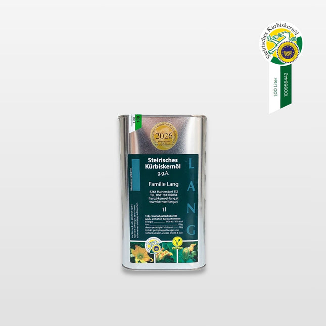 1L Steirisches Kürbiskernöl g.g.A. von Kernöl Lang, 100 % reines Kürbiskernöl aus 100 % steirischen Kürbiskernen, hergestellt in der Steiermark