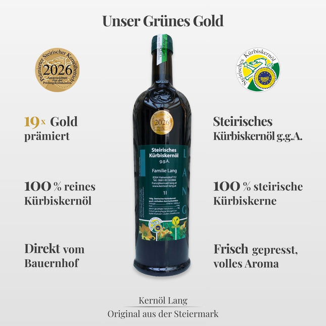 Steirisches Kürbiskernöl 1L von Kernöl Lang online kaufen, original aus Österreich, 100 % steirische Kürbiskerne, nussiger Geschmack, prämiert